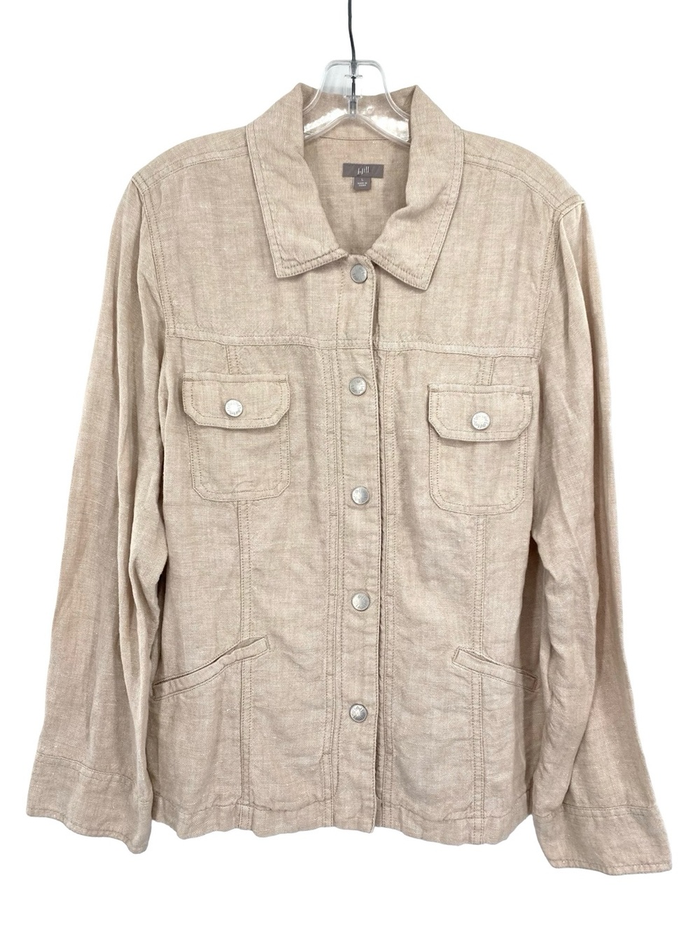 J. Jill Linen Shirt Jacket Snap Button Front Shacket Size Large Tan Oatmeal